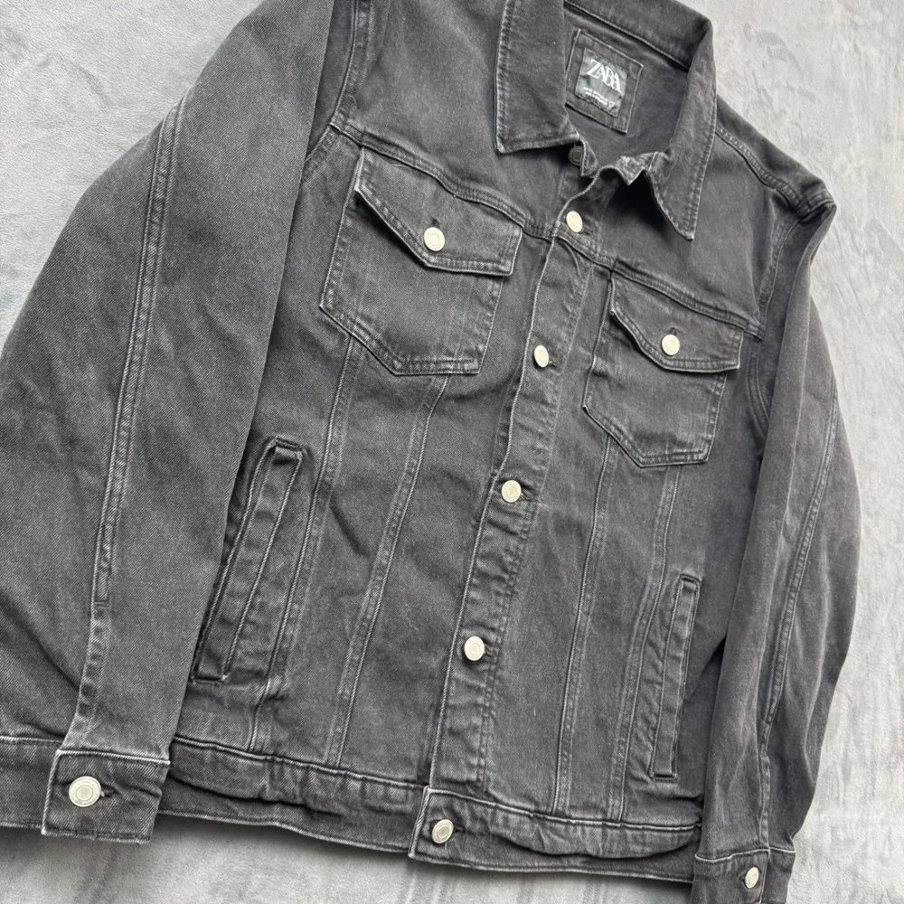 Zara Mens Black Washed Denim Trucker Jacket Size XXL Faded Vintage Style